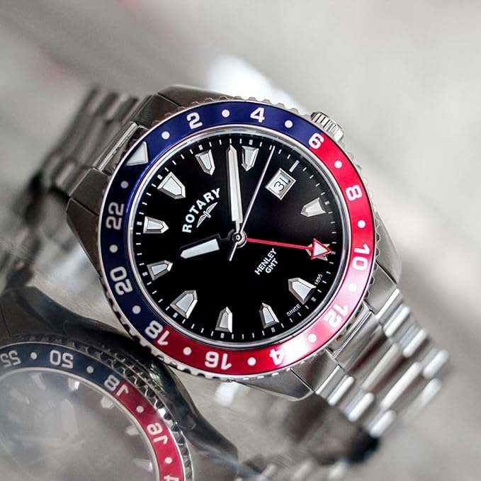 Rotary Gents Stainless Steel Red/Blue GMT Henley Stainless Steel Bracelet Watch GB05108/30