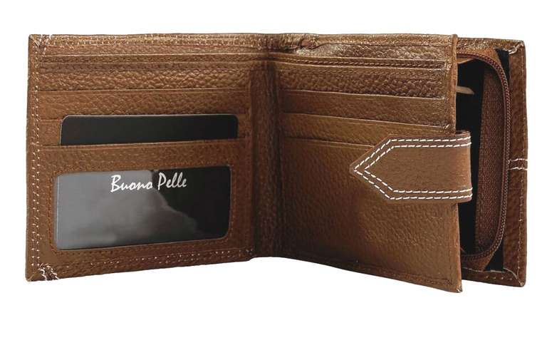 Buono Pelle RFID Blocking Designer Genuine Real Leather Wallet, Large Zip Coin Pocket/Pouch Gift Boxed (Tan) sold & FB Discount Leather Mart
