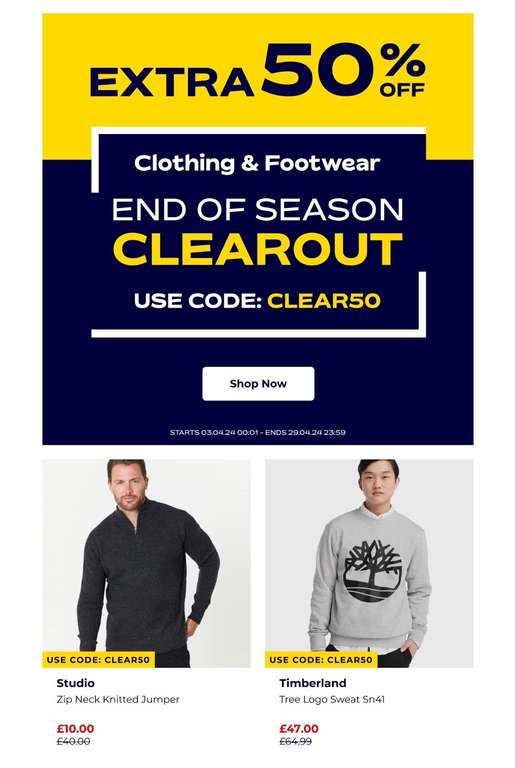Extra 50% off all clearance clothes and shoes with code. Eg men's dessing gown £4.50 + Some more examples in description