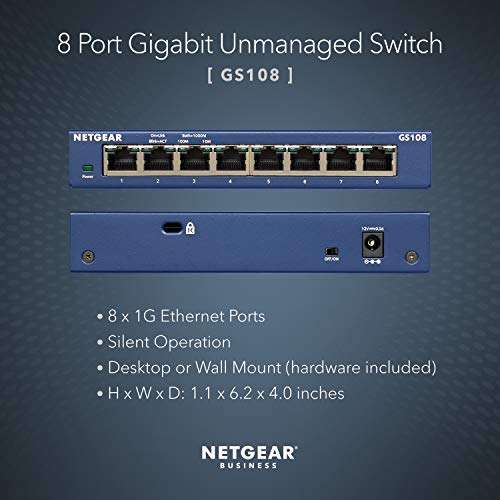 NETGEAR 8 Port Gigabit Unmanaged Network Switch (GS108) - Ethernet Splitter - Plug-and-Play - Silent Operation