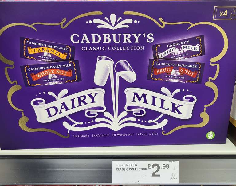 Cadbury Dairy Milk Chocolate Classic Retro Collection Box 4 bars 430g total £2.99 at farmfoods Liverpool.