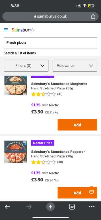 Sainsbury's Stonebaked Hand Stretched Pizza - £1.75 Nectar Price @ Sainsbury's