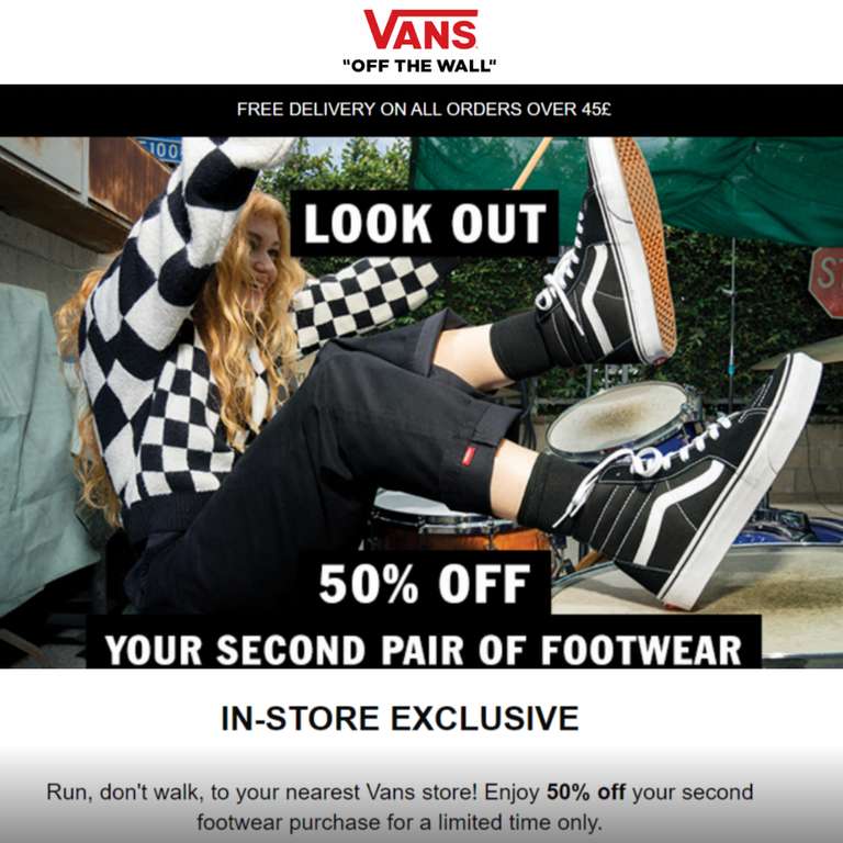 Sale - 50% Off Second Pair Footwear (In-Store Exclusive Promotion) - @ Vans
