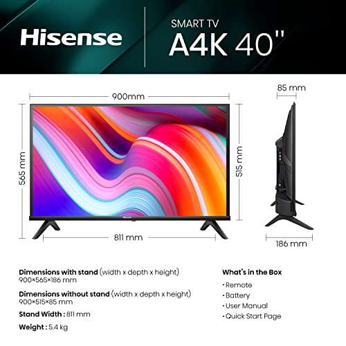 Hisense 40 Inch FHD VIDAA Smart TV 40A4KTUK - Natural Enhancer, HDMI, Share to TV, and Youtube, Freeview Play, Netflix and Disney+