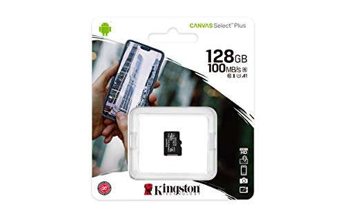 128GB - Kingston Canvas Select Plus microSD Card SDCS2/128GB SP A1 U1 V10 C10 100MB/s - £6.39 With Adaptor @ Amazon