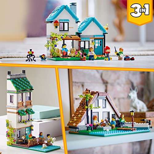 LEGO 31139 Creator 3 in 1 Cosy House Toy Set, Model Building Kit with 3 Different Houses plus Family Minifigures and Accessories
