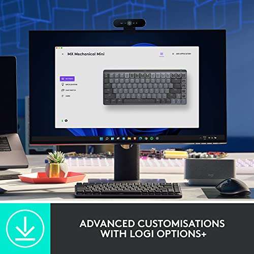 Logitech MX Mechanical Mini Wireless Illuminated Keyboard, Tactile Quiet Switches, Backlit, Bluetooth, USB-C - QWERTY English Layout - Grey