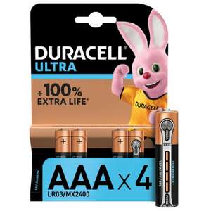 Duracell Ultra AAA Alkaline Batteries - Pack of 4 - £1.50 (Free click & collect) @ Argos