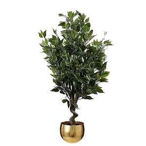 Leaf Artificial Indoor Tree with Planter, Mixed Materials, Evergreen Ficus Gold Curve, 110cm