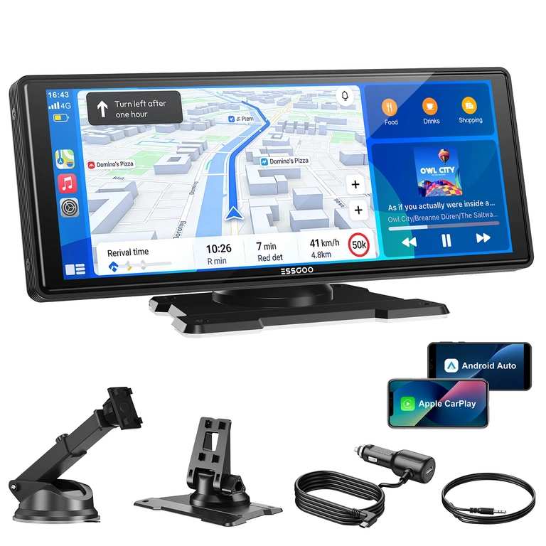 ESSGOO TS0001 10.26" Portable HD Wireless CarPlay & Android Auto, Mirror Link, OTA Upgrade, GPS Navigation