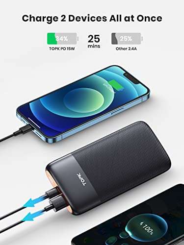 TOPK Portable Charger, 15W 10000mAh Power Bank with LED Display (USB-C Input & Output) - £10.99 With Coupon @ TOPKDirect / Amazon