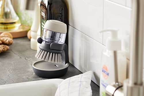 Joseph Joseph Palm Scrub Refillable Soap Dispensing Cleaning Washing Up Kitchen Brush with Storage Stand Holder, Grey