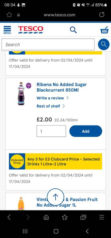 Various Vimto, Robinson and Ribena squash plus others 3 for £3 Clubcard Price