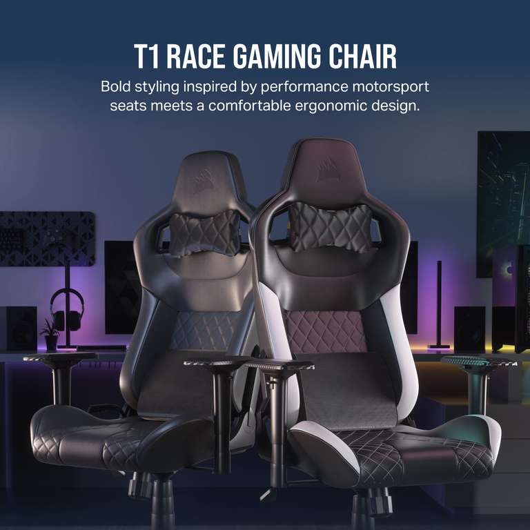 Corsair T1 RACE Gaming Chair (2023) – Racing-Inspired Design – Comfortable Leatherette Exterior – Steel Construction – 4D Armrests