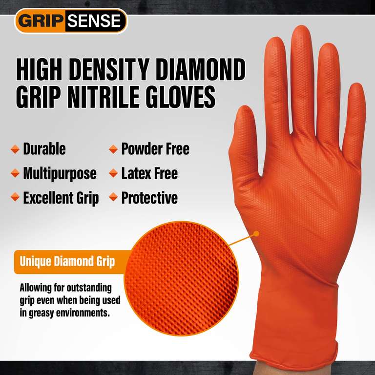GripSense Nitrile Gloves (2 Packs of 50) - High Density Diamond Grip Orange Gloves - 1 pack £5 (£4.75 s&s) or 2 packs £8 (£7.60 s&s)