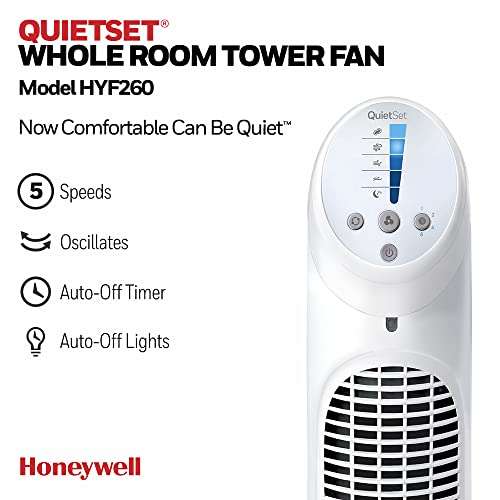 Honeywell QuietSet Whole Room Oscillating Tower Fan (5 Speed Settings, Oscillating 80°, Timer Function, Auto-Off Lights, Remote) HYF260