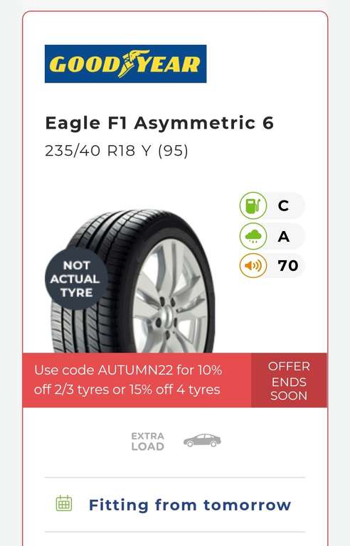 Goodyear Eagle F1 Asymmetric 6 tyres x4 235/40 R18 Y (95) (mobile fitting) Fitted - £397.77 (With Code) @ Tyres on the Drive