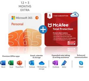 Microsoft 365 Personal 15 Months subscription for PC Mac, Tablet and Phone + McAfee Total Protection 2022 for £39.99 @ Amazon