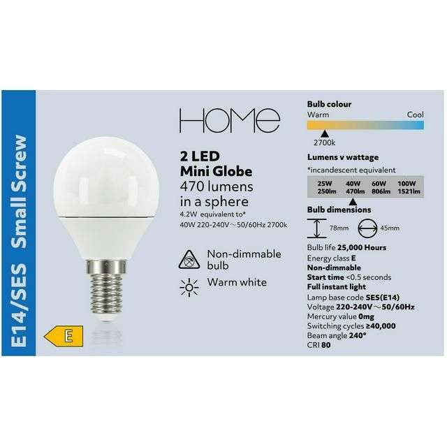 Sainsbury's Home LED Mini Globe 40W SES Light Bulb 2pk - 20p @ Sainsbury's Kidderminster