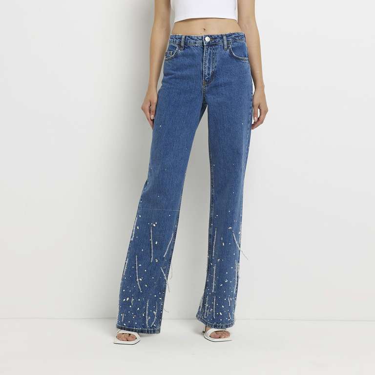 River Island Womens Jeans Denim High Rise Straight Crystal Pants Bottoms - £20 @ River Island / eBay