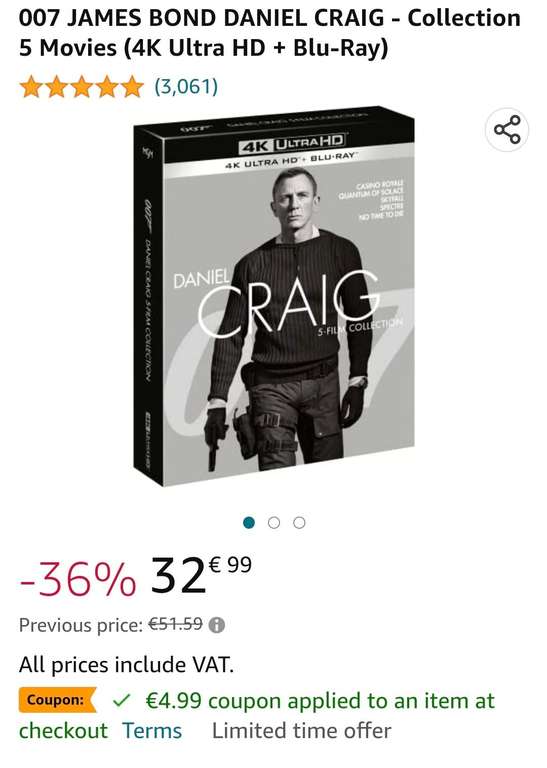 Daniel Craig 5-Film Collection [4K Ultra HD + Blu-Ray] - £28.05 Delivered With Coupon @ Amazon Italy