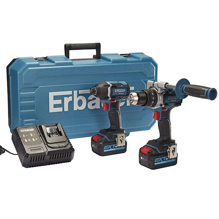 Erbauer Ext 18v brushless 120nm combo drill, brushless 160nm impact driver, 2x 5ah batteries, charger & case - Free C&C