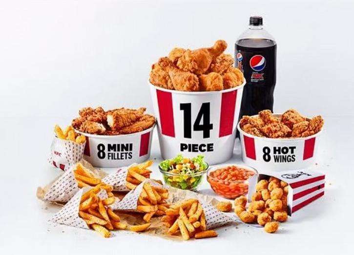 £10 off KFC Party Bucket (14 pc chicken, 8 hot wings, 8 mini fillets, large popcorn chicken, 6 regular fries, 2 large sides, large drink)