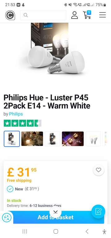 Philips Hue - Luster P45 E14 - 2 Pack - Warm White - £31.95 Delivered @ Coolshop