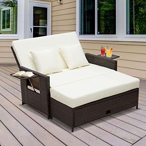 Outsunny 2-Seater Assembled Garden Patio Outdoor Rattan Furniture Sofa Sun Lounger Daybed with Fire Retardant Sponge - Brown