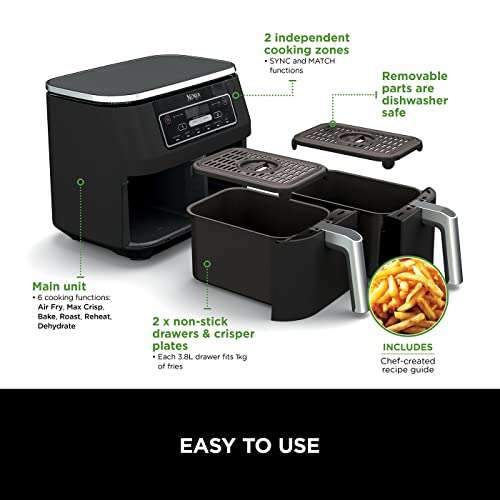 Ninja Foodi Dual Zone Air Fryer [AF300UK] 2 Drawers, 6 Cooking Functions, 7.6L, Black £199 @ Amazon