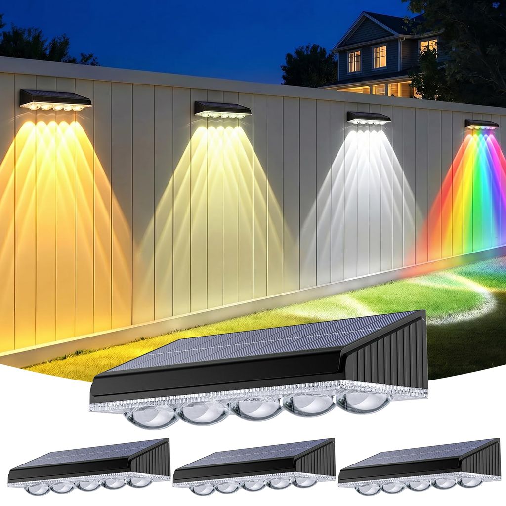 GEARLITE Solar Fence Lights 4Pack, 5-Convex Lens Solar Lights Outdoor Garden, W/W or C/W & RGB 9 Colors 10 Modes Sold by GEARLITE / FBA