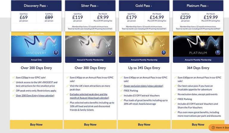 Merlin Discovery Annual Pass £69 / SIlver Pass £119 / Gold Pass £179 / Platinum Pass £239 @ Merlin Annual Pass