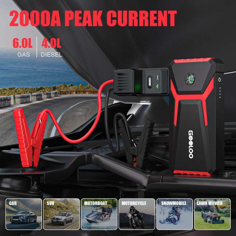 GOOLOO 2000A Jump Starter Power Pack, Car Battery Booster Jump Starter and Jump Pack for 12V Vehicles - w/Voucher, Sold By Landwork FBA