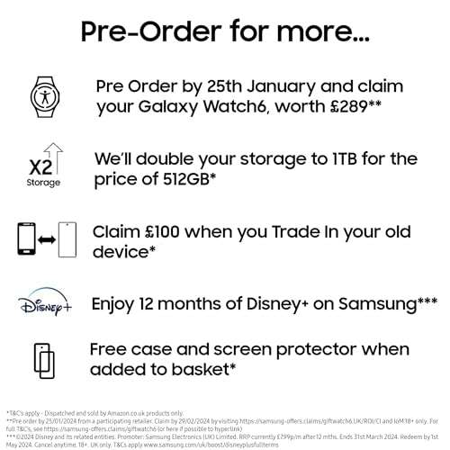 Samsung Galaxy S24 Ultra, 12GB RAM, 512GB + Watch6 (claim) + Free case and tempered glass + £30 Store Credit + Disney+12m W/Voucher