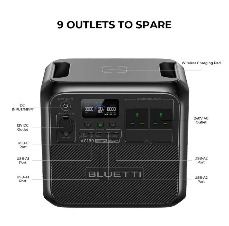 BLUETTI AC180 1152Wh Portable Power Station 1800W Solar Generator Outdoor Trip w/code sold by Bluetti UK Official (UK Mainland)