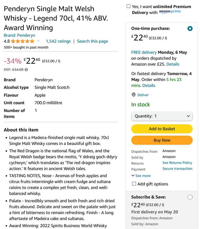 Penderyn Single Malt Welsh Whisky - Legend, 70cl