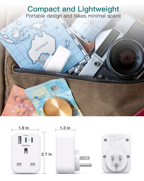 UK to US Plug Adaptor, USA Travel Adapter with 1 USB & 2 USB C Ports with code sold by ADDTAM