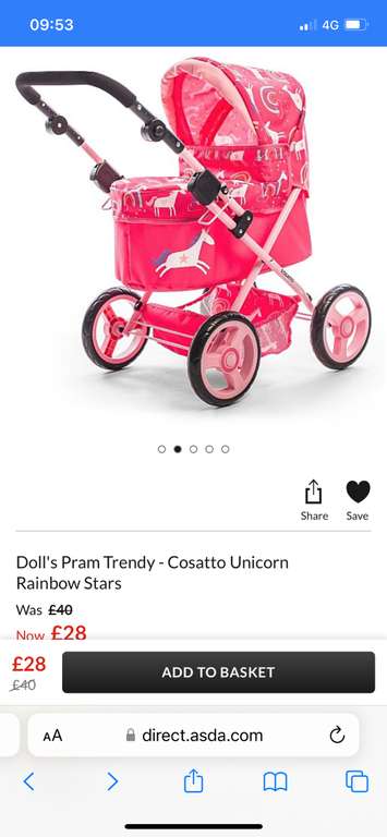 Doll's Pram Trendy - Cosatto Unicorn Rainbow Stars - £28 free Click & Collect @ George