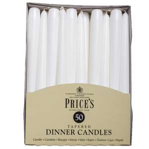 Price's Candles - Tapered Dinner Candles - Pack of 50 - White - Dripless - Unscented - 7 Hour Burn Time