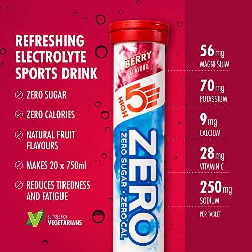 HIGH5 Zero Electrolyte Hydration Tablets Added Vitamin C (Berry , 20 Count (Pack of 1)), zero sugar zero calories sports drink (£2.86 S&S)