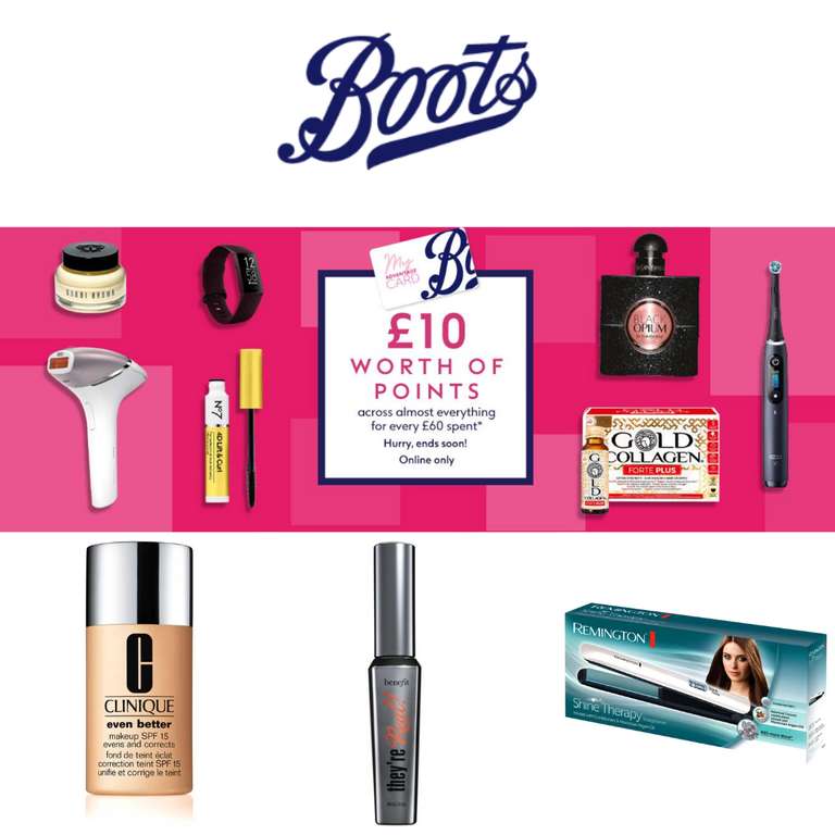 Receive £10 worth of points for every £60 Across Almost Everything (Online Only) + Free Delivery - @ Boots