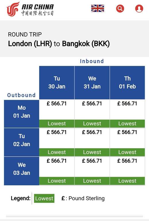 London Heathrow to Bangkok return (23kg luggage) January 2024