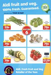 Aldi Super 6 - Asparagus Tips, Granny Smiths Apples, Satsumas, White Mushrooms, Pineapple, Vine Tomatoes