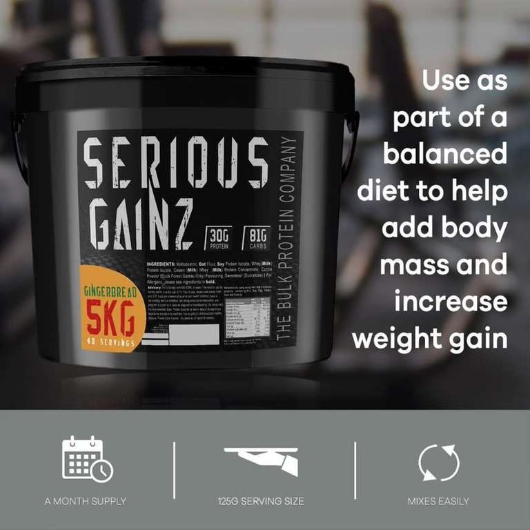 SERIOUS GAINZ Whey Protein Powder 5kg - Weight Gain, Mass Gainer - 30g Protein Powder -Gingerbread £23.30 (£22.14 / £19.80 with S&S) @Amazon