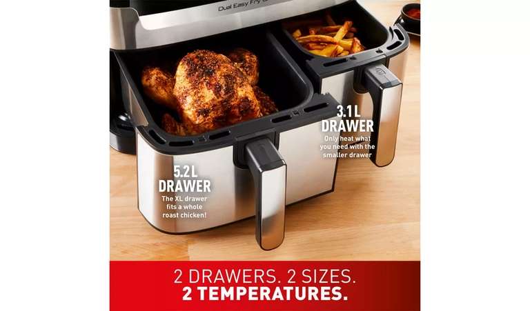 Tefal Easy Fry EY905D40 8.3L Dual Air Fryer & Grill - Silver (Free C&C)