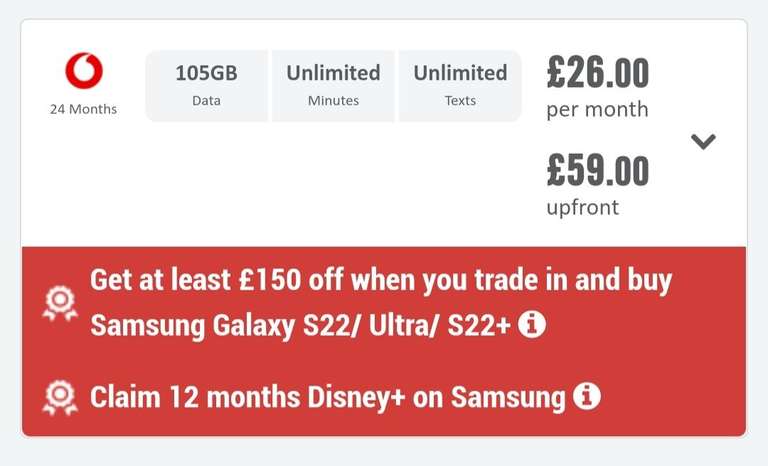 Samsung Galaxy S22 Green on Vodafone: 105GB + Unlimited Minutes & Texts - £26/month + £59 upfront = £683 over 24 months @ Carphone Warehouse
