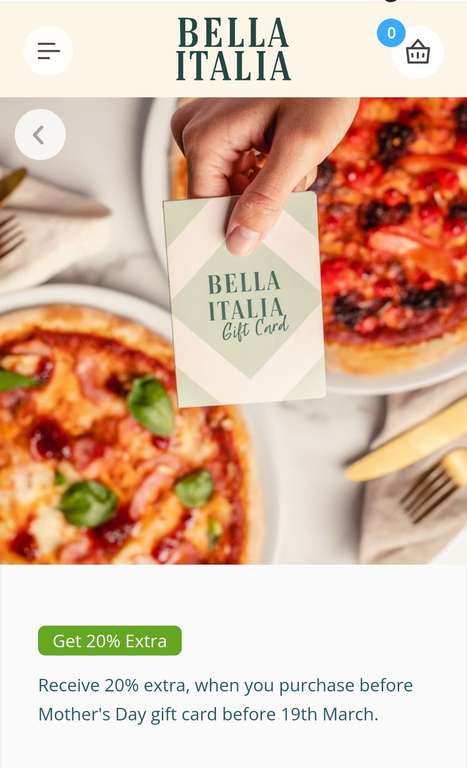 20% Extra on Gift Cards @ Bella Italia for Mother's Day