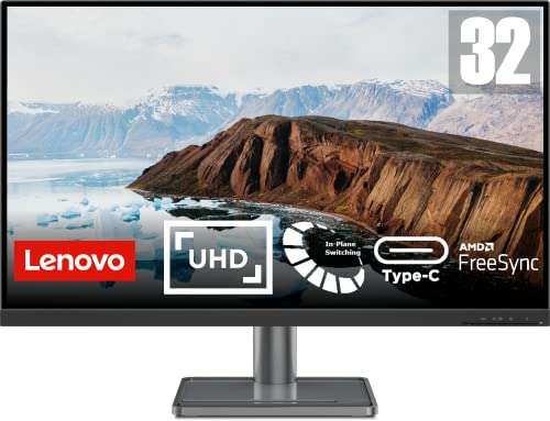 Lenovo L32p-30 32 Inch PC Monitor | 4K UHD, 2160p, 60Hz, 6ms, HDMI, USB, USB-C