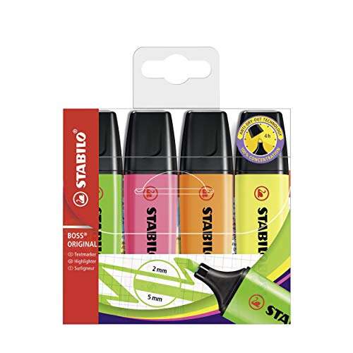 Highlighter - STABILO BOSS ORIGINAL - Pack of 4 - Yellow, Orange, Green, Pink £2.66 @ Amazon
