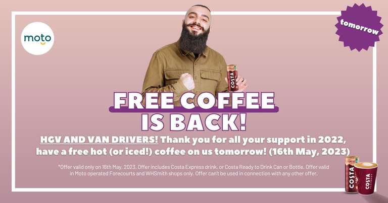 Free Costa Coffee / Iced Drink For HGV & Van Drivers On 16th May @ Moto Services / WH Smith